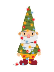 Happy cute little gnome in winter. Funny bearded garden dwarf wrapped in garland. Vector illustration isolated on white background.
