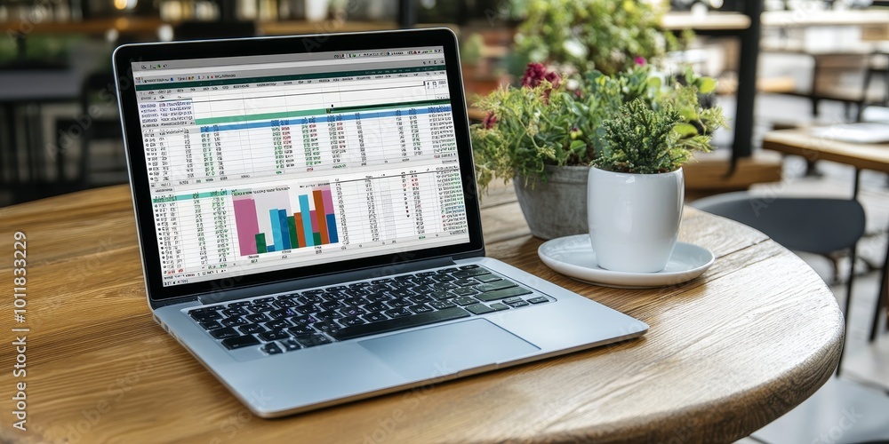 Aufkleber Spreadsheets for Budgeting: Illustrate a laptop with an open spreadsheet used for budgeting, with calculations and colorful charts representing financial data.