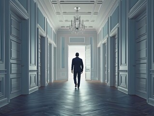 Fototapeta premium Corporate Leader Walking Through Hallway of Labeled Doors Deciding on Goals