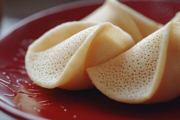 Close-Up of Chinese Fortune Cookies on a Red Plate with Detailed Texture. AI generated illustration