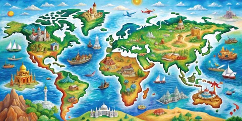 Aisha Map Illustration Depicting Geographical Features and Cultural Landmarks in Vibrant Colors