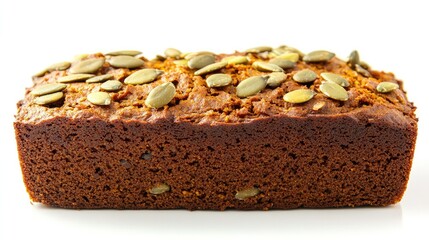 A mouthwatering close-up of a vegan pumpkin bread loaf, garnished with pumpkin seeds, showcasing its rich texture against a clean white backdrop.