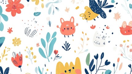 A playful arrangement of children wallpaper featuring cartoon characters and playful designs, isolated on a bright white background, perfect for nursery decor.