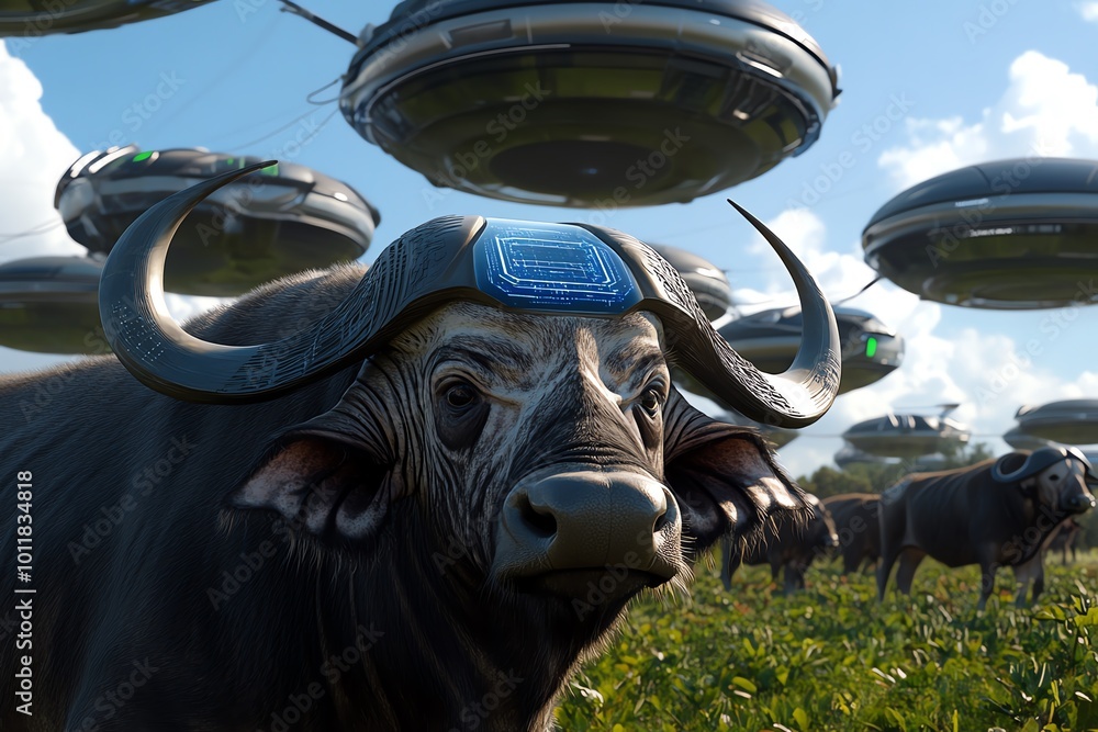 Poster a futuristic landscape where cape buffalo graze under floating energy fields, with advanced technolo