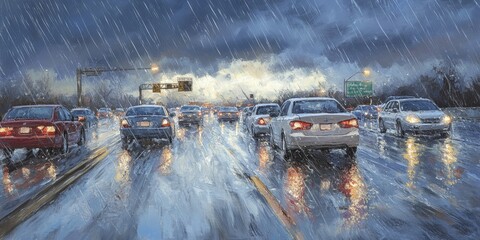 Stormy Highway Traffic: Illustrate a highway during a heavy rainstorm, with cars moving cautiously, windshield wipers visible, and rain clouds darkening the sky.