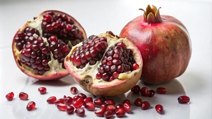 A whole pomegranate and two half pomegranates with seeds scattered on a white surface.