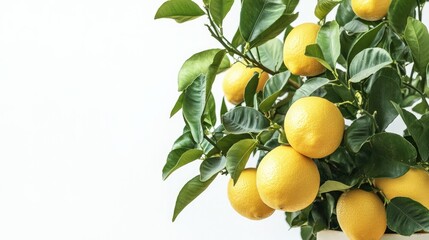A potted lemon tree with lush green leaves and ripe lemons, placed against a white background, perfect for gardening or fresh produce themes.