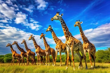 A majestic herd of giraffes gracefully roaming in the wild under a clear blue sky landscape