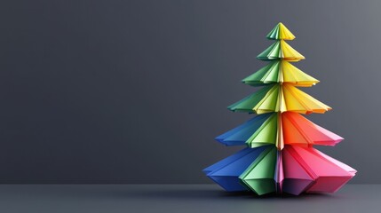 Colorful paper Christmas tree on a dark background, showcasing a vibrant design made from folded paper Perfect for holiday themed visuals and creative decorations