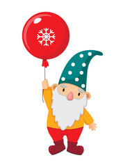 Cute gnome is flying on a small red balloon. Vector illustration isolated on white background.