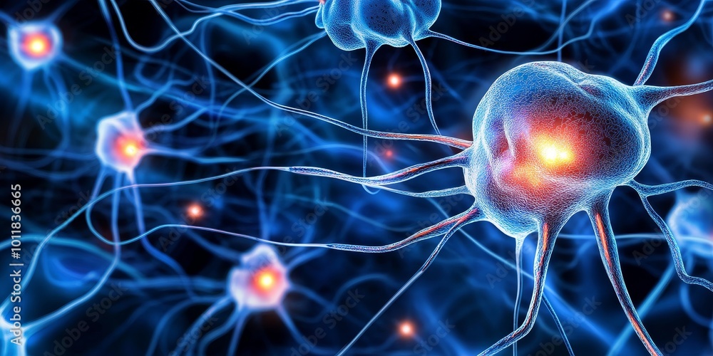 Aufkleber Neurons in a Digital Web: Illustrate a digital web of biotech neurons, with glowing synapses and intricate pathways representing the interconnectedness of neural cells in