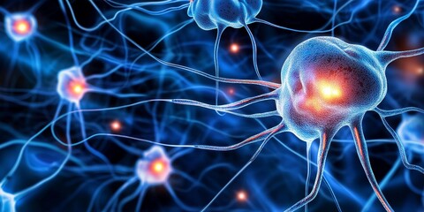 Obraz premium Neurons in a Digital Web: Illustrate a digital web of biotech neurons, with glowing synapses and intricate pathways representing the interconnectedness of neural cells in