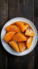 Delicious butternut squash with brown sugar glaze on white plate, resting on rustic wooden table