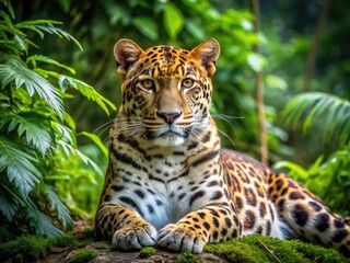 Fototapeta premium Amur Leopard Cat Resting Gracefully in a Natural Habitat Surrounded by Lush Greenery and Wildlife