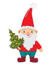 Cute cartoon gnome with Christmas tree. Vector illustration isolated on white background.