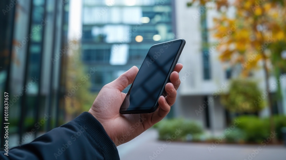 Poster a person holding a smartphone in an urban setting with modern architecture.