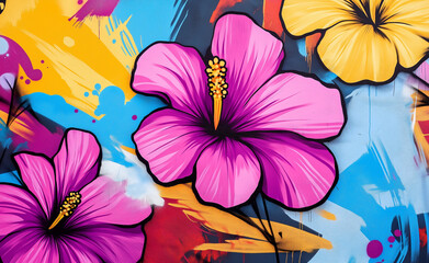 Vibrant graffiti-style hibiscus flowers in pink and yellow on a colorful background, illustrating urban street art and floral themes.