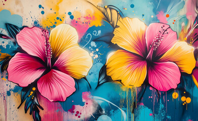 Vibrant graffiti-style hibiscus flowers in pink and yellow on a colorful background, illustrating urban street art and floral themes.