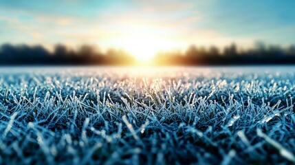A field covered in early morning frost, where blades of grass glisten under the first rays of sunlight, giving the landscape a sparkling appearance