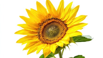 A sunflower in mid-bloom, with bright petals and a rich brown center, isolated on a clean white background, highlighting its natural beauty.