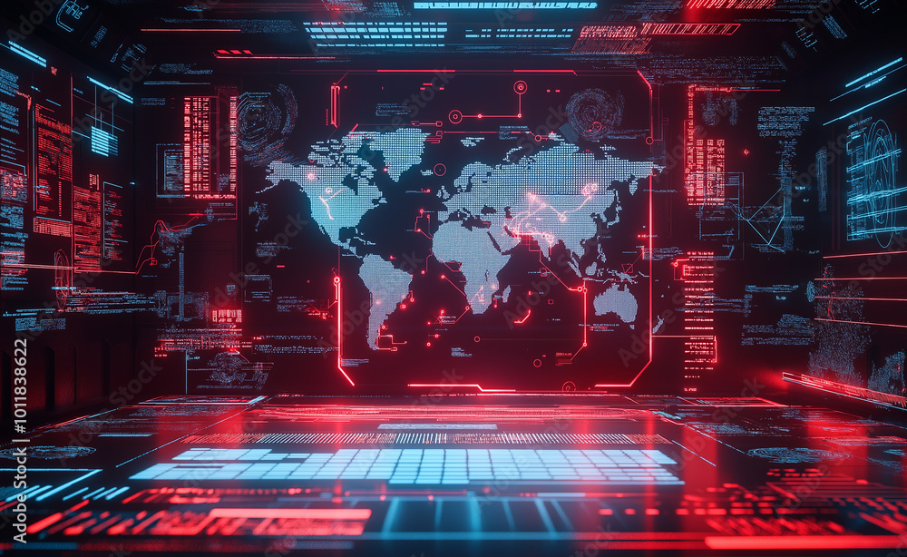 Poster a digital map of the world highlighted in red, showcasing data points and connections, symbolizing g