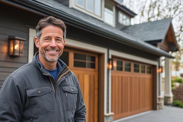Fototapeta premium Garage Door Installation And Repair At Home. Contractor Man, Generative AI
