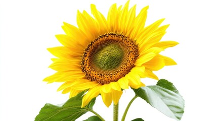 Fototapeta premium A sunflower standing tall with its iconic yellow petals and deep brown center, set against a pure white background, symbolizing summer and vitality.