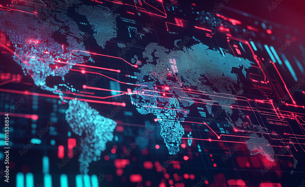 Poster a digital map of the world highlighted in red, showcasing data points and connections, symbolizing g