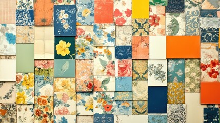 Fototapeta premium A vibrant collage of vintage wallpaper patterns, showcasing retro designs and colors, arranged artistically on a clean white background for a nostalgic touch.