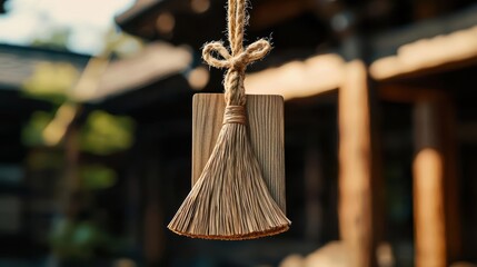 Traditional Japanese charm with a straw tassel hanging outdoors.