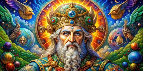 Fototapeta premium Ancient Alchemical Symbolism of Hermes Trismegistus with Mystical Elements and Cosmic Imagery