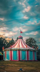 A colorful circus tent stands on a grassy field under a blue sky with clouds, two people visible nearby.