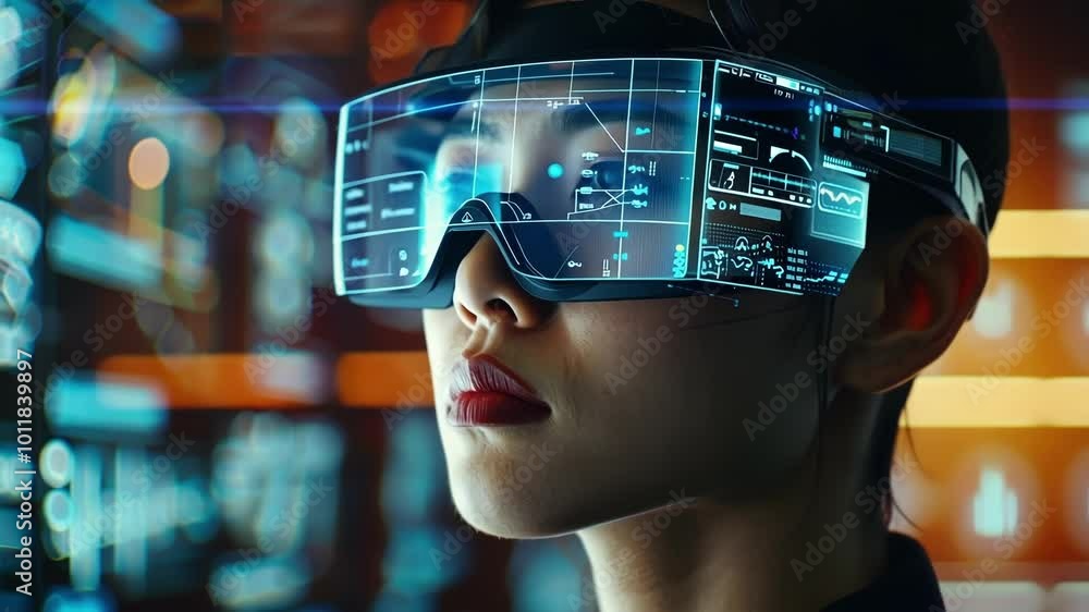 Poster woman is wearing augmented reality glasses that display data and graphics, suggesting a brain comput