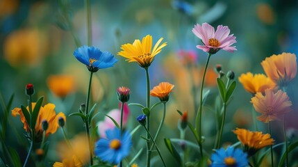Fototapeta premium Wildflowers in a field with vibrant colors, natural and inviting, Nature, Soft greens, Photograph, Natural beauty