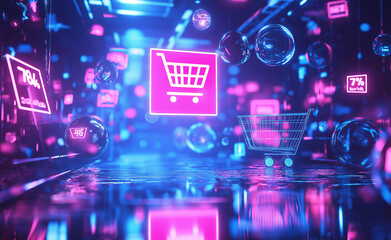 Neon glowing signs of shopping carts and discount symbols, representing online shopping, sales, and digital commerce.