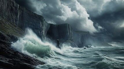 Obraz premium Stormy Waves Crash Against Cliffside Scenery