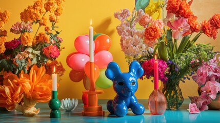 Fototapeta premium A vibrant living room scene featuring bold candle holders and a colorful balloon dog surrounded by lush flowers, all set against a clean backdrop for a modern aesthetic.