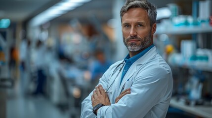 Obraz premium Serious male doctor in lab coat, arms crossed, with stethoscope. Background shelves with medical equipment. Conveys professionalism and confidence.