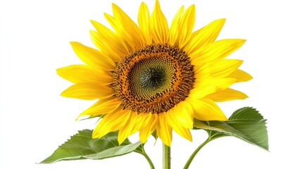 Fototapeta premium A vibrant sunflower in full bloom, with bright yellow petals and a deep brown center, isolated on a clean white background for a fresh and cheerful look.