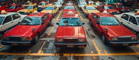 The image shows an orderly urban taxi parking lot with red and yellow cabs, possibly in central...