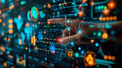 Futuristic interface with graphs and data, highlighted hand touching screen with tech elements like lines and circles.
