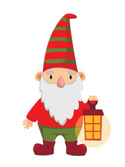 Cute gnome holds an antique lantern in his hands. Vector illustration isolated on white background.