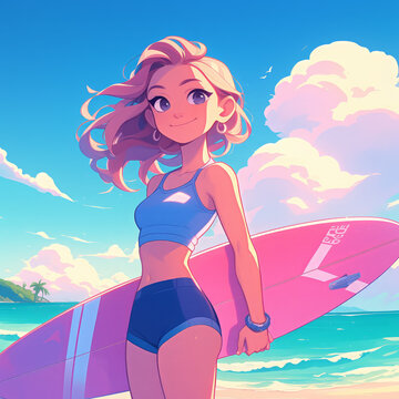 Illustration of a surfer girl at the beach with her surfboard