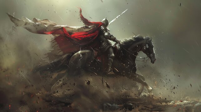 A knight in red and black armor charges on a black horse through a chaotic battlefield, ready for intense combat, amid smoke and turmoil. - Powered by Adobe