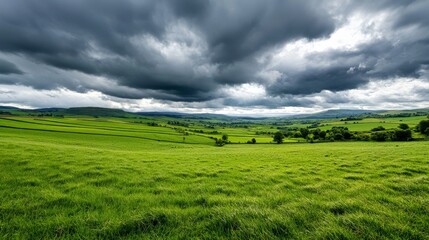 Obraz premium A field under a heavy overcast sky, where the thick clouds seem to press down on the rolling hills and meadows