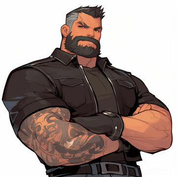 Illustration of a big, burly biker dude