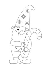Funny bearded gnome with candy outlines in cartoon style. Kids coloring book illustrations.