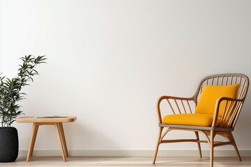 A stylish chair with a yellow cushion next to a plant and table, epitomizing modern elegance and minimalist design in a spacious, well-lit interior setting.