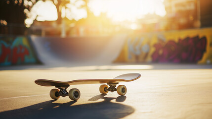 A skateboard rests in an empty skate park with graffiti on the walls, basked in warm sunset light, capturing the essence of urban sports. 