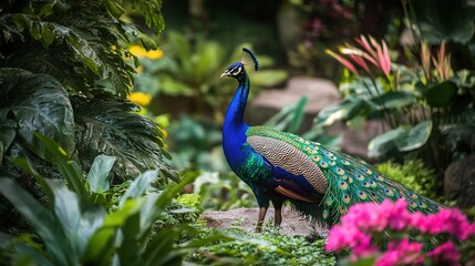 Obraz premium Stunning Peacock in Vibrant Tropical Garden Setting